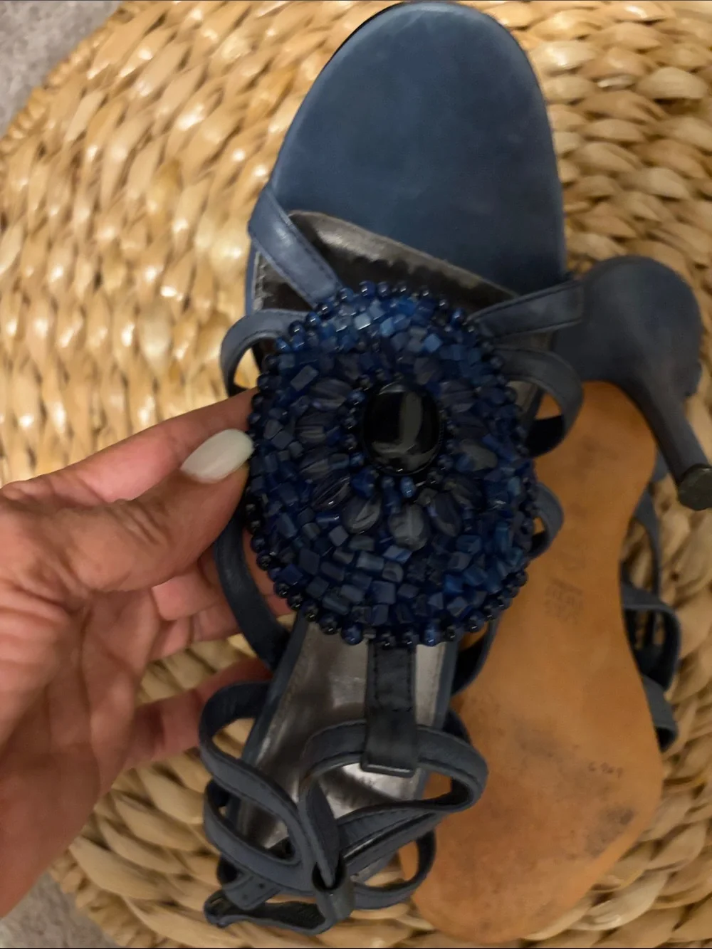 Saks Fifth Avenue Navy Beaded Strappy Heels